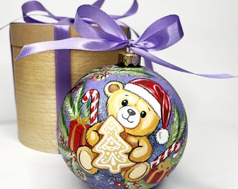 Personalized Baby First Christmas Ornament, Hand Painted Glass Bauble, Custom Name Keepsake, Teddy Bear Holiday Decor, Gift Box Included