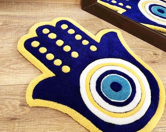 Hamsa Hand Tufted Rug: 3D Evil Eye Meditation Carpet, House warming gift, handmade decor