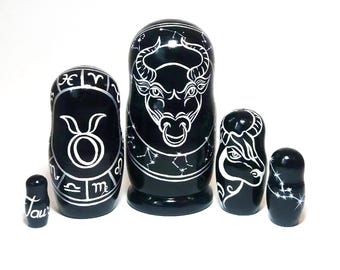 Taurus Zodiac Nesting Dolls, Hand Painted Astrology Figurines, Personalized Gift for Him, Unique Bookshelf Decor