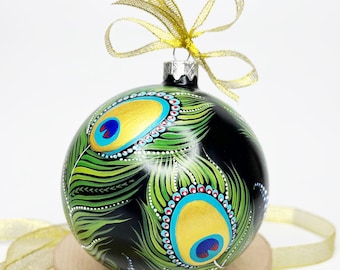Personalized Peacock Ornament, Hand Painted Glass Christmas Bauble, Green Gold Feather Decor, Luxury Xmas Gift, Custom Name Holiday Ornament