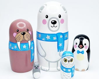 Polar Animal Nesting Dolls, Hand Painted Wooden Matryoshka Set, Arctic Nursery Decor, Montessori Toddler Gift