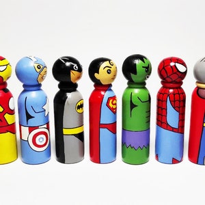 Superhero Peg Dolls Boys Room Comics interior toy Cartoon wooden dolls Birthday Gift Set of 7 dolls 3.5 image 5