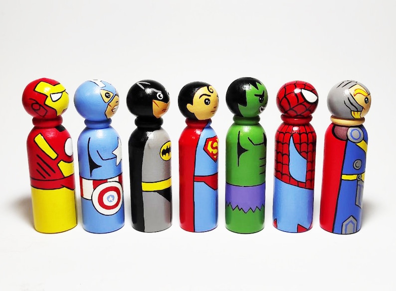 Superhero Peg Dolls Boys Room Comics interior toy Cartoon wooden dolls Birthday Gift Set of 7 dolls 3.5 image 5