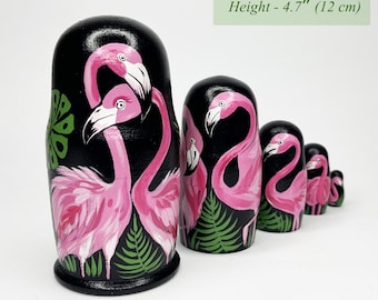 Pink Flamingo Nesting Dolls Set – Hand Painted Wooden Dolls, Tropical Gift for Collectors, Set of 5