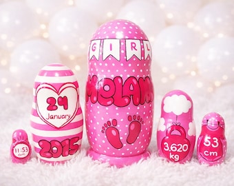 Keepsake Baby Birth ornament, Custom Nesting Dolls, Girl or Boy Newborn Gift, Personalised Birth Announcement Decor