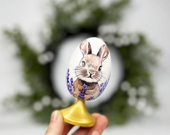 Uovo di Pasqua dipinto a mano, coniglietto con fiori di lavanda, regalo di Pasqua personalizzato per i nipoti, Pysanka ucraina in legno