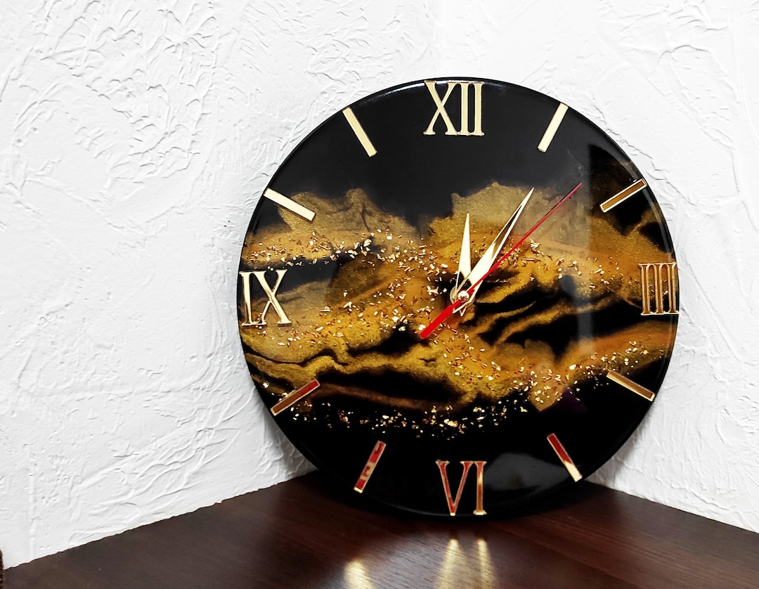 Epoxy Resin Black Clock, Modern Wall Clock, Handmade Resin Painting, Black Gold Resin Wall Clock ...