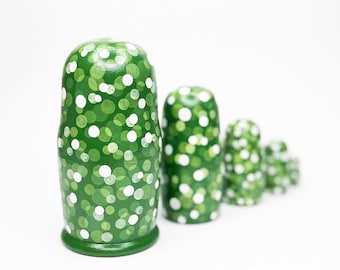 Green Bokeh Nesting Dolls, Hand Painted Wooden Matryoshka Set, Modern Shelf Decor, Polka Dots Decorative Collectible Dolls