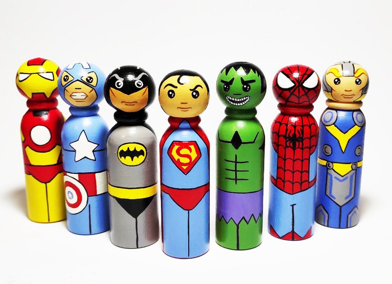 Superhero Peg Dolls Boys Room Comics interior toy Cartoon wooden dolls Birthday Gift Set of 7 dolls 3.5 image 8