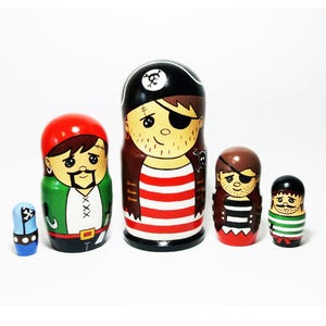 Pirates set Nesting dolls Wooden pirates for boys Imaginative play for kids Best birthday gift Role playing for boys 5 pcs 6.3 inches