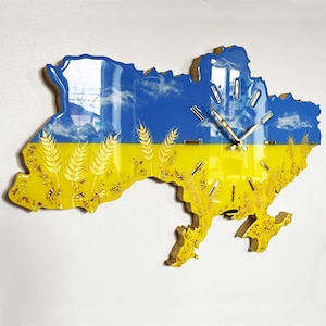 Reloj de pared de resina ucraniana, mapa de Ucrania hecho a mano con epoxi, reloj con la bandera ucraniana, tamaño personalizado, regalo único ucraniano.