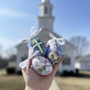 Christian Easter Egg Set, Hand Painted Ukrainian Pysanky, Basket Decor with Christian Symbols, Religious Keepsake, Traditional Easter Decor