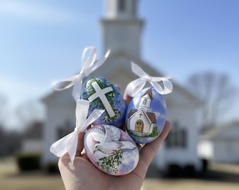 Christian Easter Egg Set, Hand Painted Ukrainian Pysanky, Basket Decor with Christian Symbols, Religious Keepsake, Traditional Easter Decor