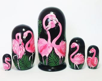 Pink Flamingo Nesting Dolls Set – Hand Painted Wooden Dolls, Tropical Gift for Collectors, Set of 5