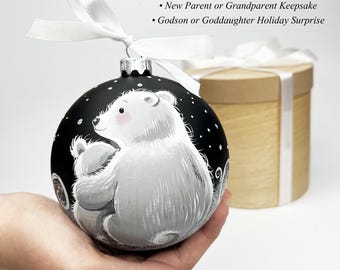 Baby First Christmas Ornament, Personalized Glass Keepsake, Polar Bear Hand Painted Bauble, Custom Gift for Kids