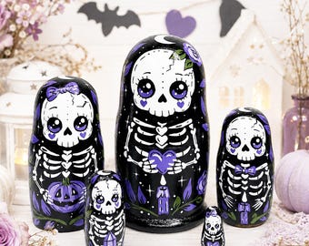 Matrioske gotiche a forma di teschio, set di matrioske di Halloween, regalo spettrale a tema scheletri