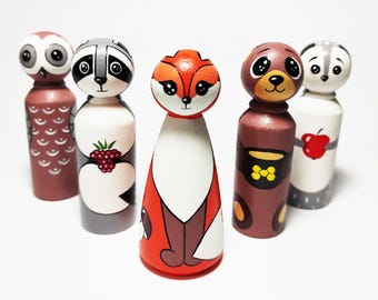 Hand Painted Forest Animal Peg Dolls: Fox, Bear, Owl, Raccoon, Hedgehog (Set of 5)