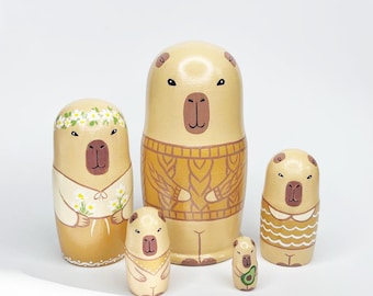 Hand Painted Capybara Family Nesting Dolls, Montessori Matryoshka Toy Set, Wooden Animal Figurines, Nursery Decor Gift