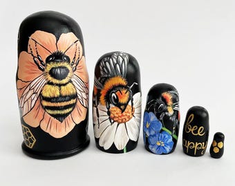 Hand-Painted Bee Nesting Dolls: Bumblebee Flower Decor, Bee Lover Gift