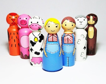 Hand Painted Farm Animal Peg Dolls: Wooden Educational Toy Set