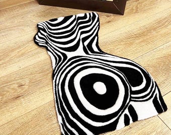 Woman Body Tufted Rug, Monochrome Silhouette Boho Decor, Handmade Aesthetic Bedroom Rug, Art Lover Gift, Black White Accent Rug