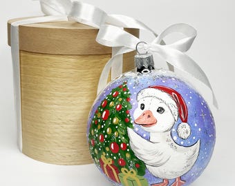 Christmas Goose ornament, My First Christmas Bauble, Hand Painted Glass Ball, Personalized Baby Keepsake Gift