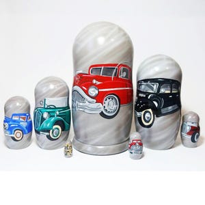Classic model of cars Nesting dolls Retro cars art for man Birthday gift for driver Collectable cars figurine 7 pcs 8.3 inches
