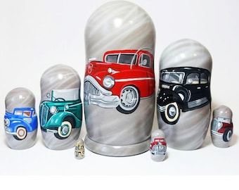 Classic Car Nesting Dolls: 7-Piece Retro Auto Figurine Set