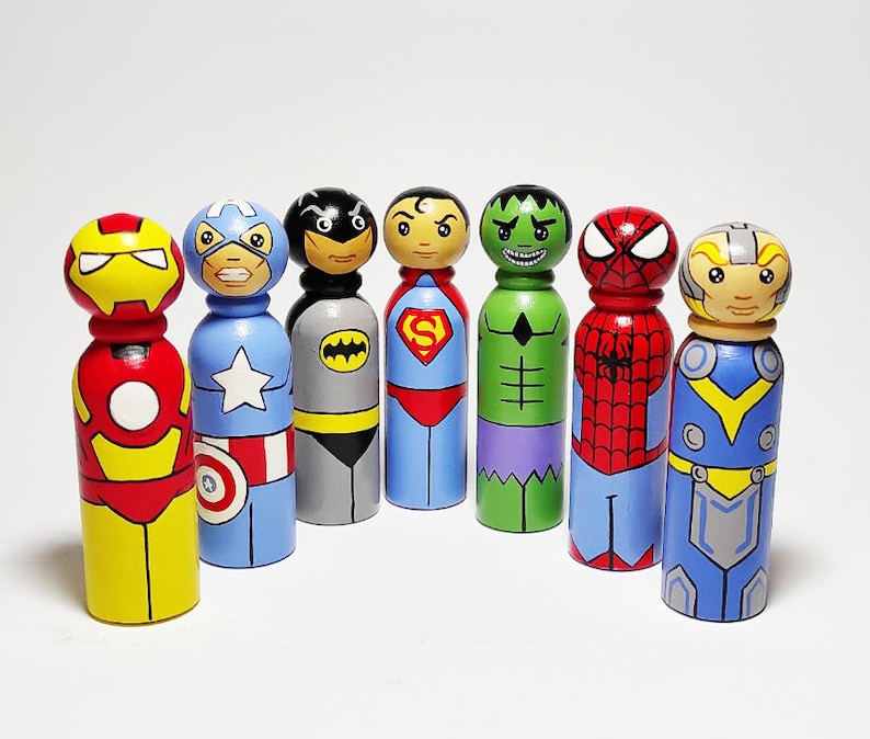 Superhero Peg Dolls Boys Room Comics interior toy Cartoon wooden dolls Birthday Gift Set of 7 dolls 3.5 image 2