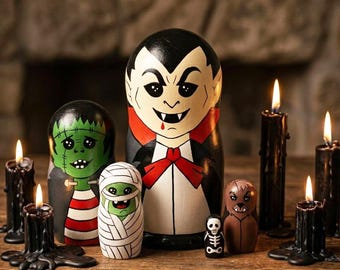 Vintage Monster Nesting Dolls, Dracula Frankenstein Mummy Decor, Hand Painted Halloween Shelf Decor