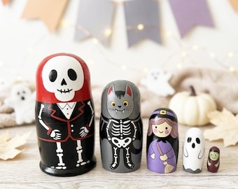 Simpatiche matrioske di Halloween, con strega, fantasma e gatto scheletro, cestino regalo Boo, ricordo in legno dipinto a mano per bambini