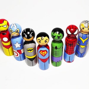 Superhero Peg Dolls Boys Room Comics interior toy Cartoon wooden dolls Birthday Gift Set of 7 dolls 3.5 image 6