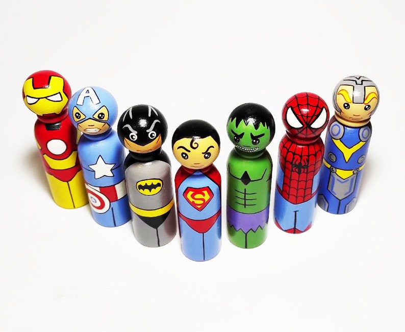 Superhero Peg Dolls Boys Room Comics interior toy Cartoon wooden dolls Birthday Gift Set of 7 dolls 3.5 image 6