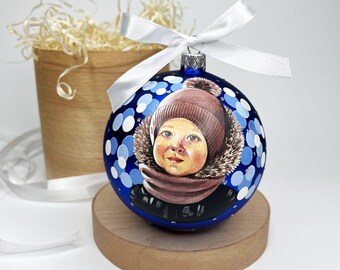 Custom Portrait Ornament from Photo, Hand Painted Glass Bauble, Personalized Christmas Gift, Family Keepsake, Child Face Painting