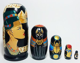 Egyptian Nesting Dolls: Queen Nefertiti, Hieroglyphs, Gold Eye (4.7 inch/5 pcs)