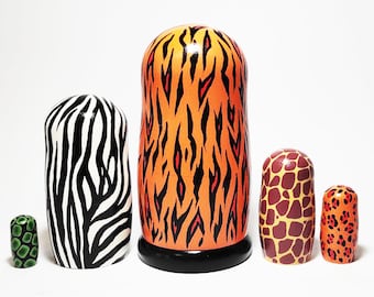 Handpainted Safari Nesting Dolls: Exotic Animal Print Wooden Dolls