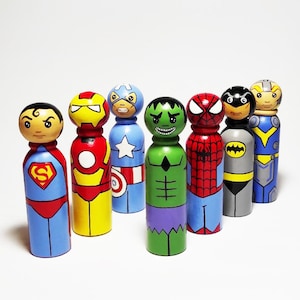 Superhero Peg Dolls Boys Room Comics interior toy Cartoon wooden dolls Birthday Gift Set of 7 dolls 3.5 image 7