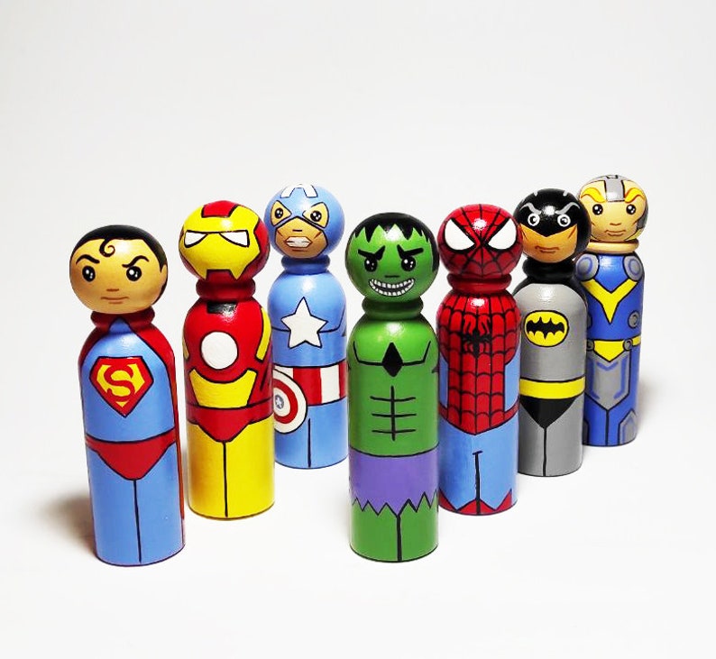 Superhero Peg Dolls Boys Room Comics interior toy Cartoon wooden dolls Birthday Gift Set of 7 dolls 3.5 image 7