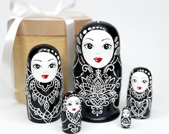Modern Black and White Textured Dot and Line Nesting Dolls, Decorative Doodle Art Dolls, Mandala ornament, Monochrome Matryoshka