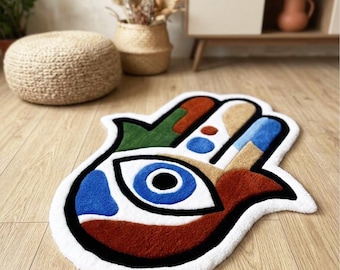 Hamsa Hand Tufted Rug, Evil Eye Wall Hanging, Boho Abstract Carpet, Colorful Statement Accent Rug, Spiritual Home Decor, Tufted Art