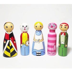 Alice in Wonderland peg doll set, Dollhouse Figures, Wooden Fantasy playset, Wonderland Story, Cheshire Cat, White Rabbit, 3.5&quot;