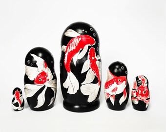 Koi Fish Figurines, Hand Painted Wooden Nesting Dolls, Matryoshka Doll Set, Japanese Style Zen Home Decor, Fish Lover Gift