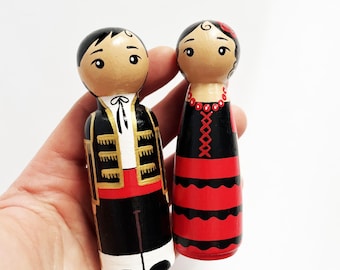 Hand-Painted Spanish Peg Dolls: Sevillana & Torero Wedding Cake Toppers