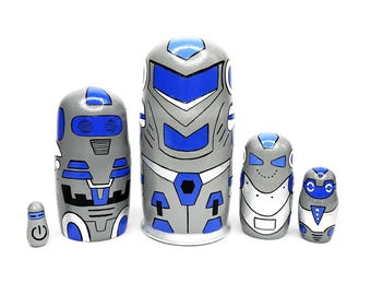 Hand Painted Robot Nesting Dolls – Personalized with Custom Text, Wooden Matryoshka Set, Gift for Boy Who Loves Robots