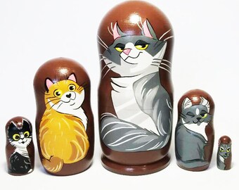 Cat Nesting Dolls, Hand-Painted Stacking Dolls, Cute Cat Gift, Cat Decor, Animal Lover Gift, Cat Lover Gift, Wooden Figurine Set of 5