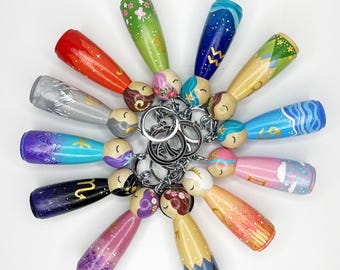 Personalized Zodiac Keychain, Astrology Gift, Star Sign Wooden Pendant, Custom Name Birthday Gift, Zodiac Peg Doll Charm