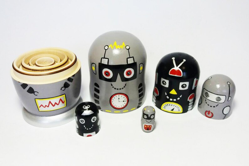 Robots Nesting Doll Wooden Toy Boys Room Decor Stacking Dolls Etsy