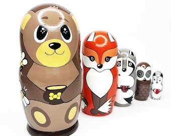 Houten dierenpoppen nest, gepersonaliseerde aandenken eerste verjaardagscadeau, beer vos wasbeeruil set voor decoratie kinderkamer