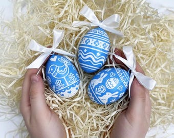 Easter Egg Ornaments Set, Blue and White Folk Art Eggs, Farmhouse Spring Decor, Painted Wooden Eggs, Scandinavian Easter Gift