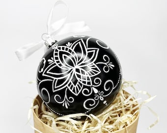 Personalized Black Christmas Ornament, Hand Painted Lotus Bauble, Minimalist White Mandala Decor, Luxury Zen Holiday Gift